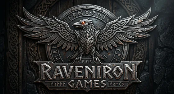 Raven Iron Games: a raven on a rune-ringed iron shield